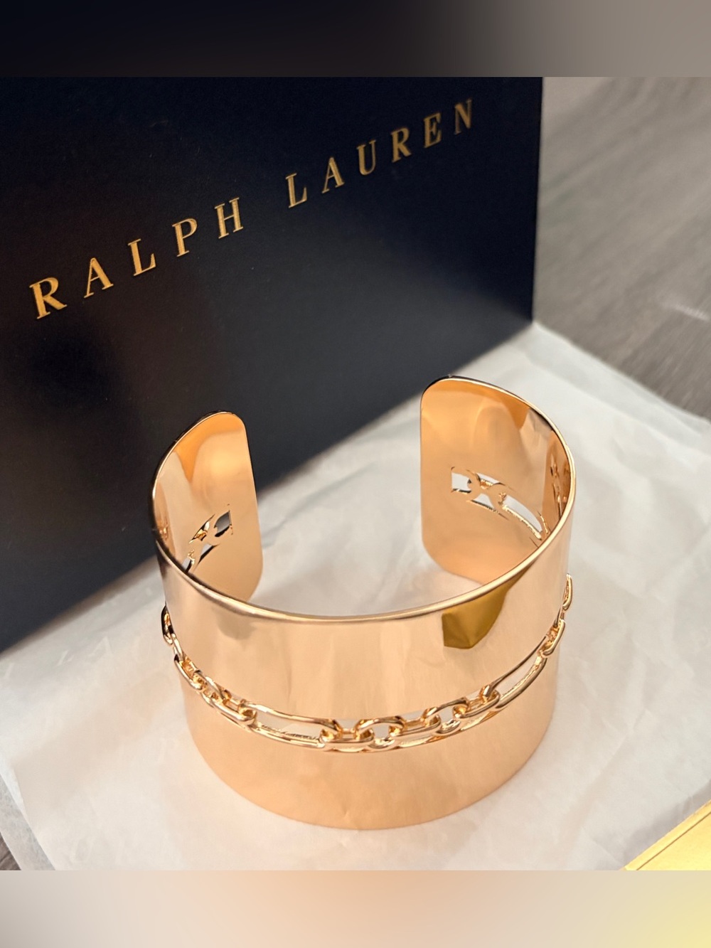 NIB Lauren Ralph Lauren Gold-Tone Sculpted Wide Cuff Bracelet with Chain Detail